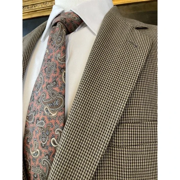 Jos A Bank Signature 43R Tan & Black Houndstooth 100% Wool‎ 2Btn Blazer Jacket